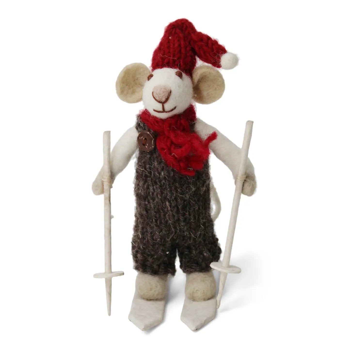 Small White Boy Mouse On Skis, Brown Pants