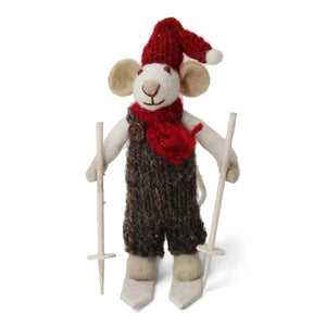 Small White Boy Mouse On Skis, Brown Pants