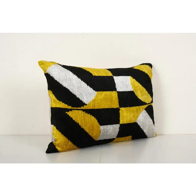 Hand Woven Velvet Ikat Lumbar Pillow Cover, Yellow Designer