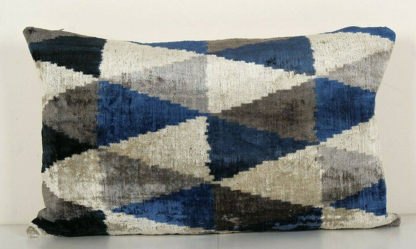 Geometric Ikat Velvet Lumbar Pillow, Hand Woven Diagonal