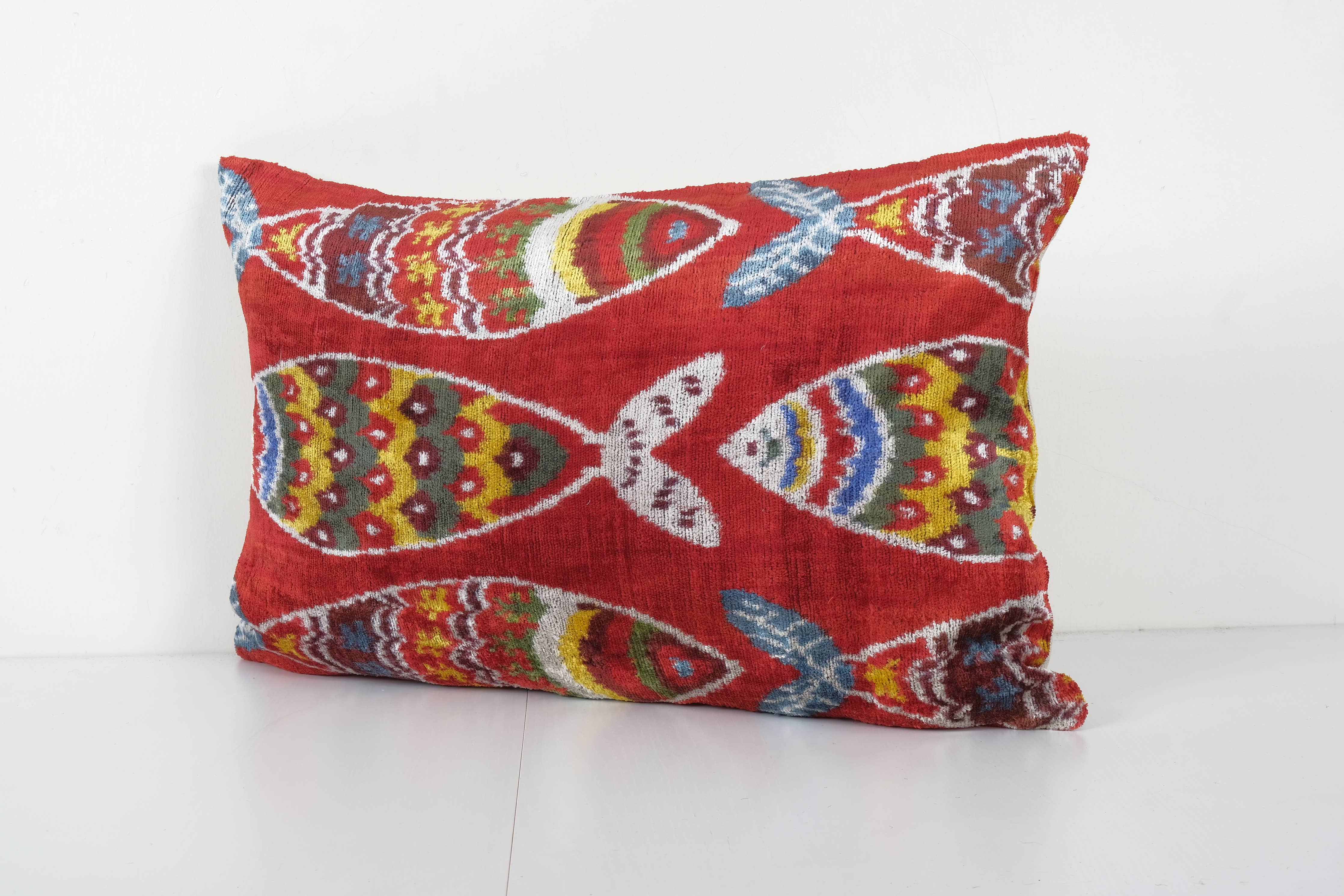 Fish Ikat Velvet Pillow, Red Silk Lumbar Cushion Cover, Boho