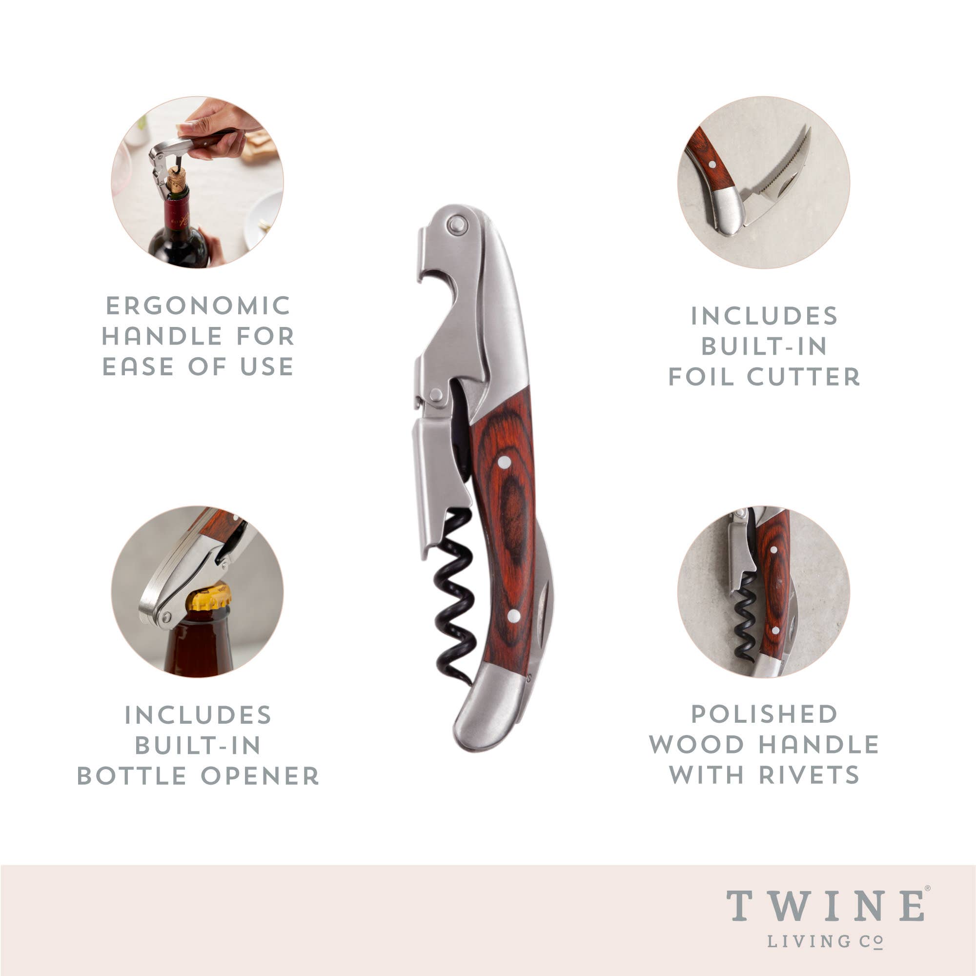 Double Hinged Stainless Steel Corkscrew w Ebony Wood Handle