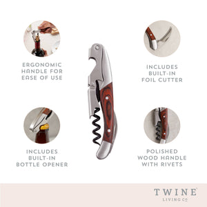Double Hinged Stainless Steel Corkscrew w Ebony Wood Handle