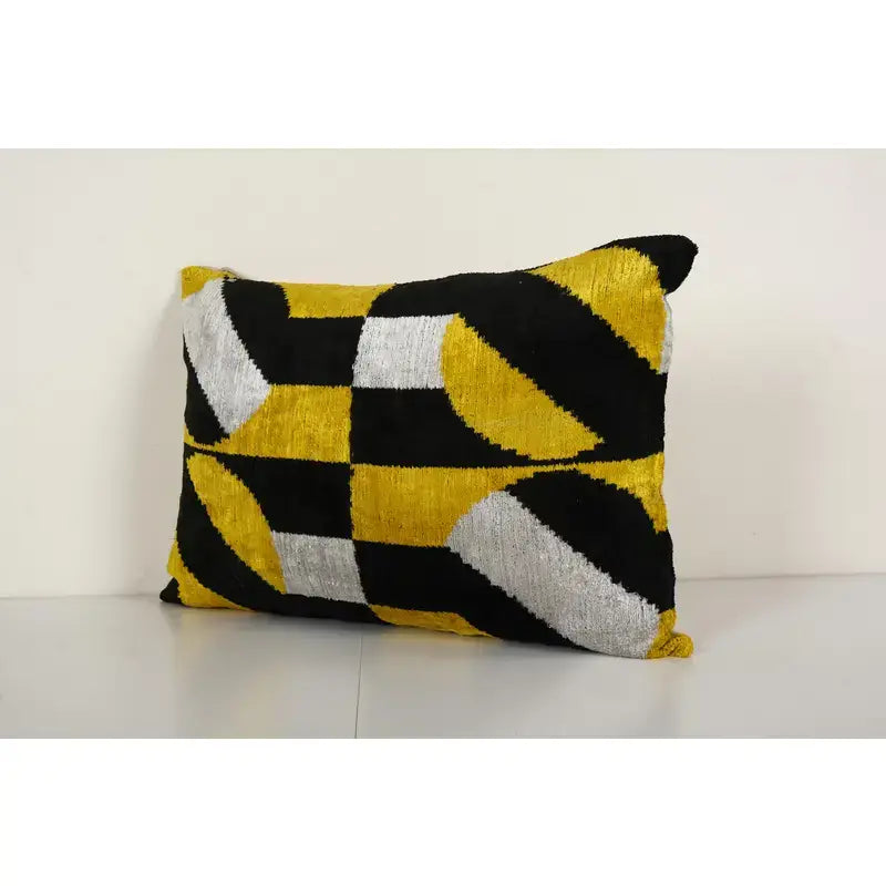 Hand Woven Velvet Ikat Lumbar Pillow Cover, Yellow Designer