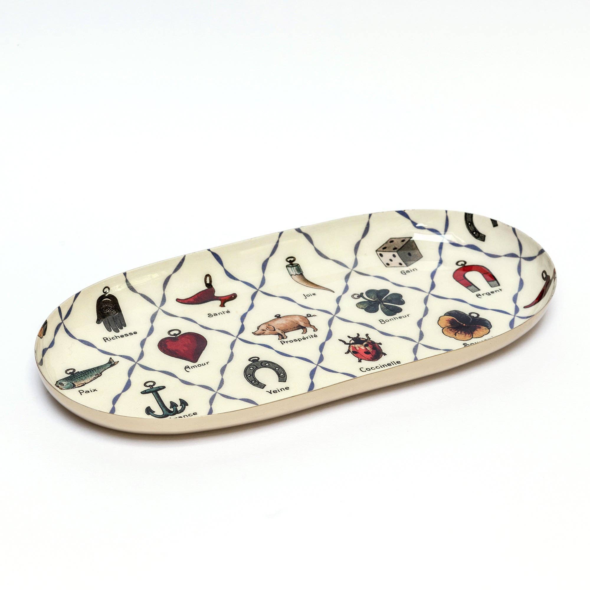 Oval Enamel Tray, Charms