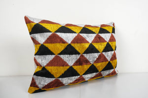 Colorful Ikat Velvet Pillow - Lumbar Silk Cushion Cover