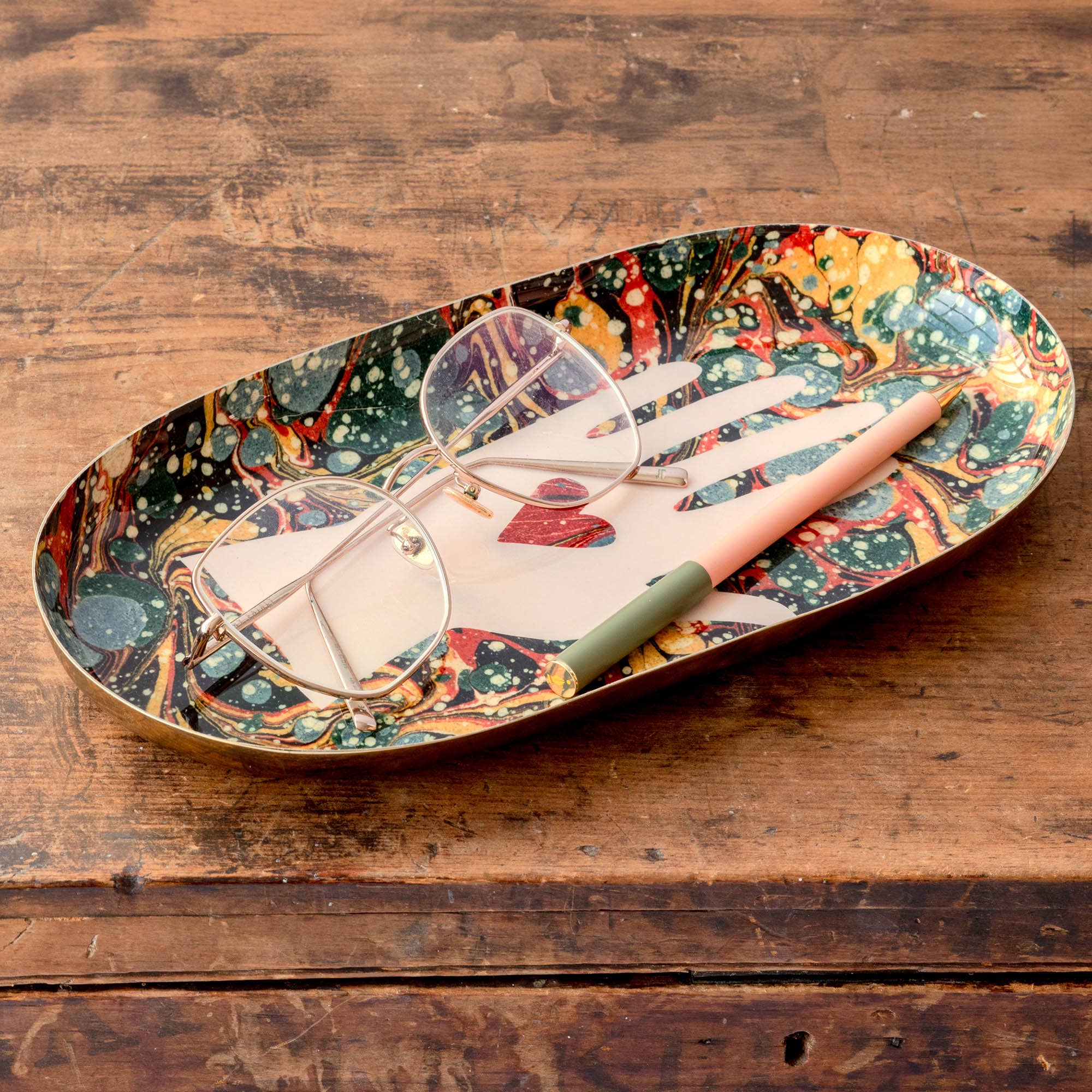 Oval Enamel Tray, Heart in Hand