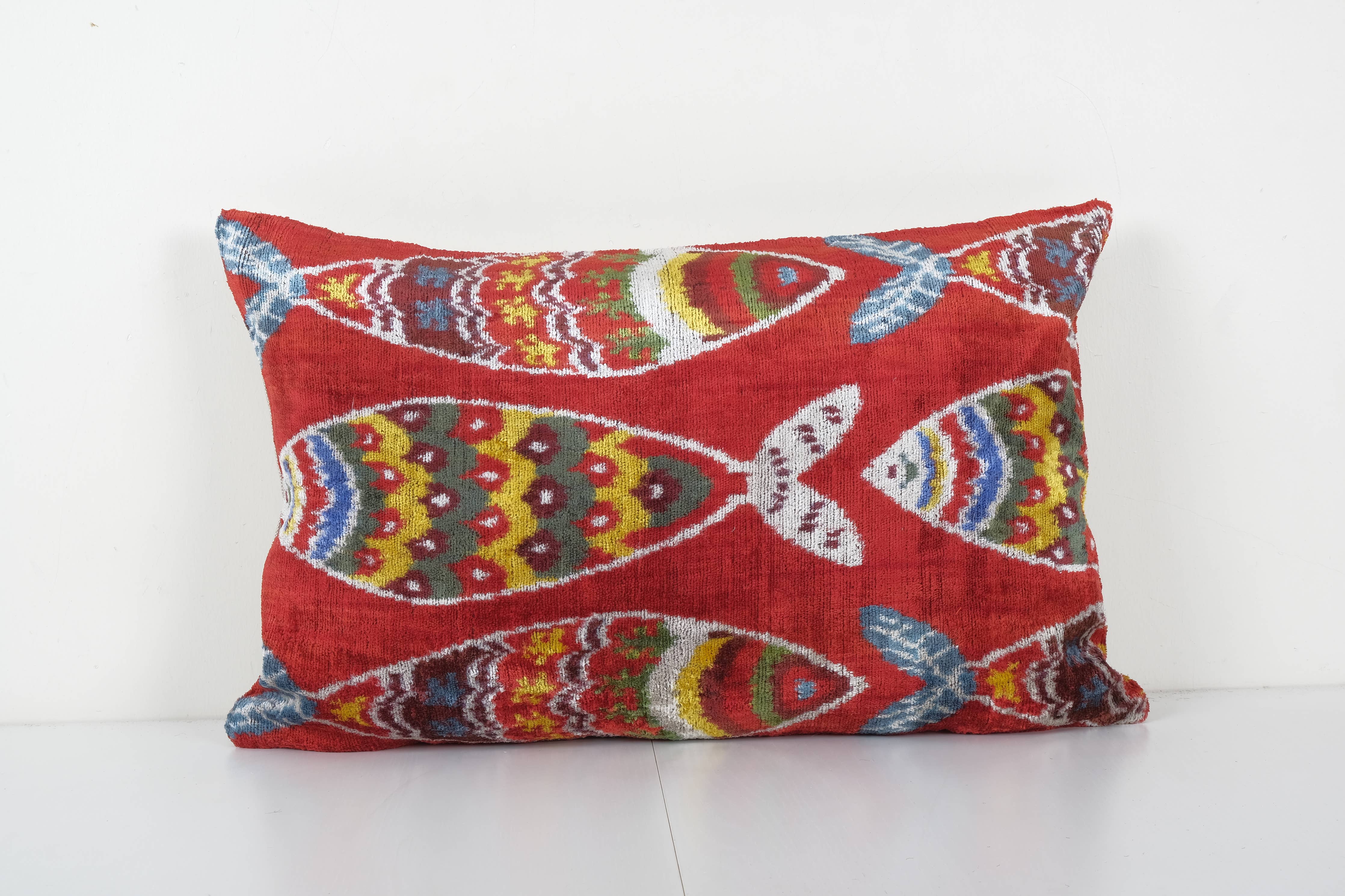 Fish Ikat Velvet Pillow, Red Silk Lumbar Cushion Cover, Boho