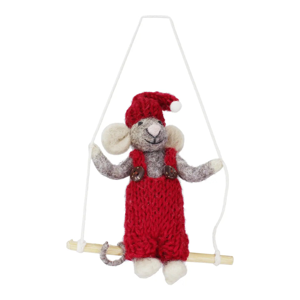 Small Grey Girly Mouse, Red Dress On Swing