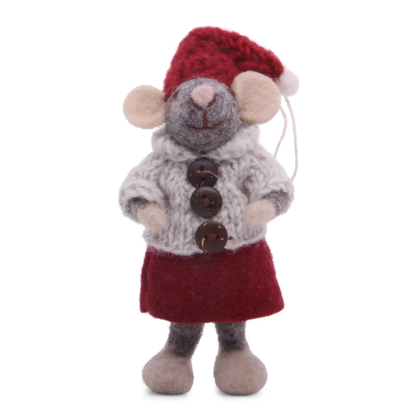 Small Grey Girly Mouse, Red Hat + Dress Light Grey Jacket