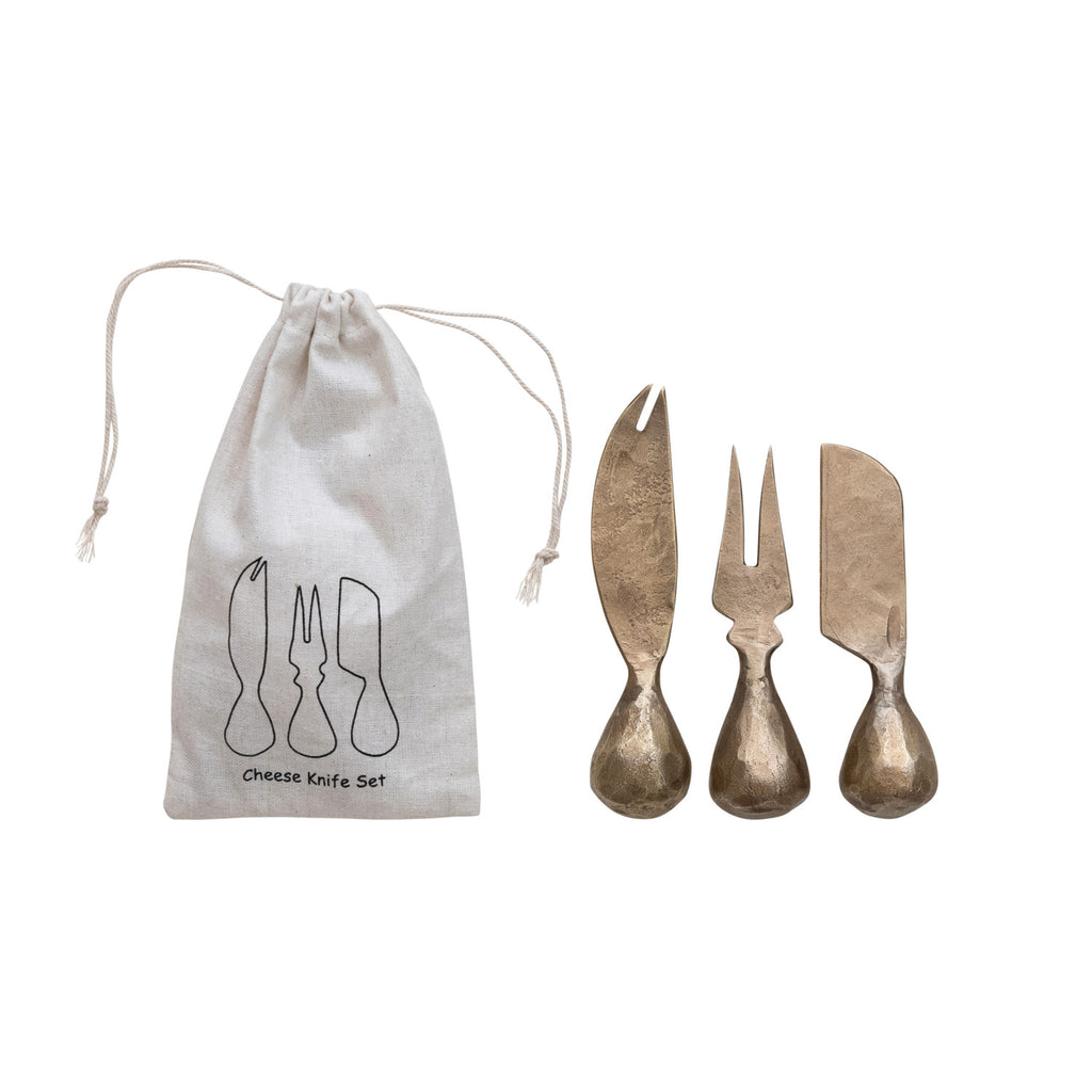 Hand-Forged Iron Cheese Knives w/ Hammered Handles, Set of 3 in Printed Drawstring Bag