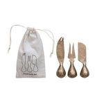 Hand-Forged Iron Cheese Knives w/ Hammered Handles, Set of 3 in Printed Drawstring Bag