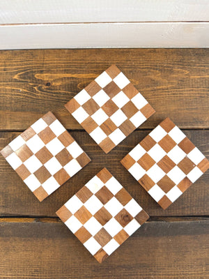 Checkered Wood Coasters with Stand