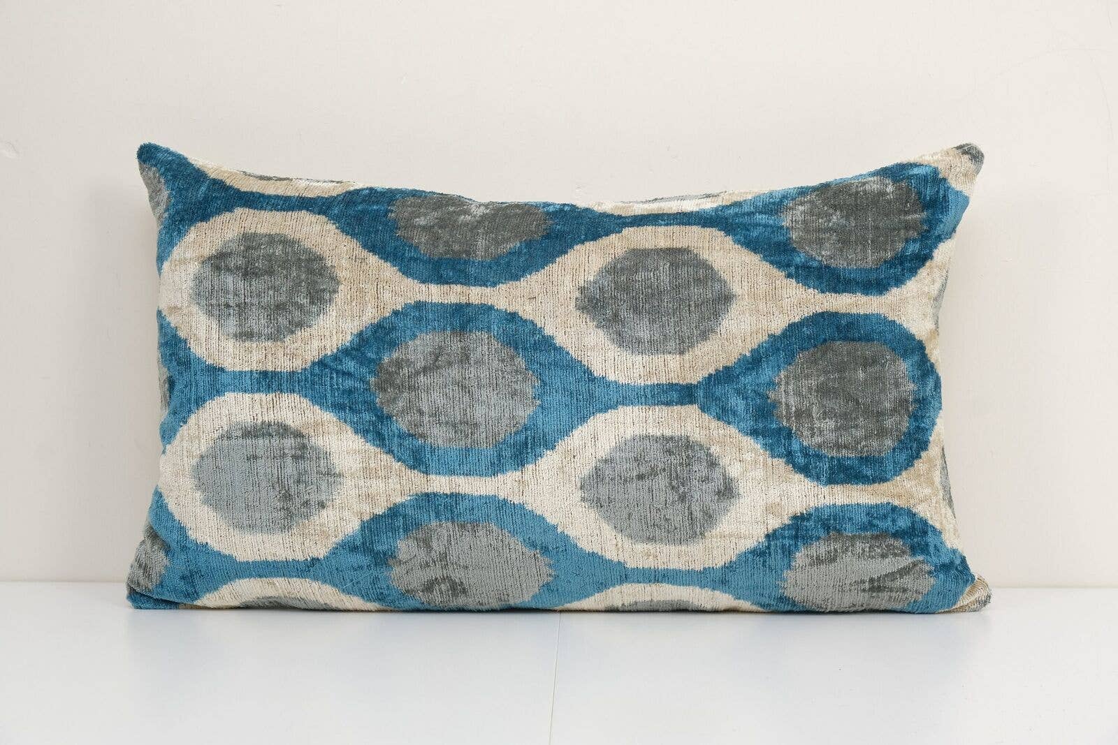 Ikat Blue Lumbar Pillow - Silk Ikat Velvet Pillow - Lumbar