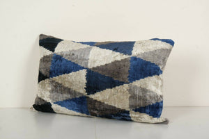 Geometric Ikat Velvet Lumbar Pillow, Hand Woven Diagonal