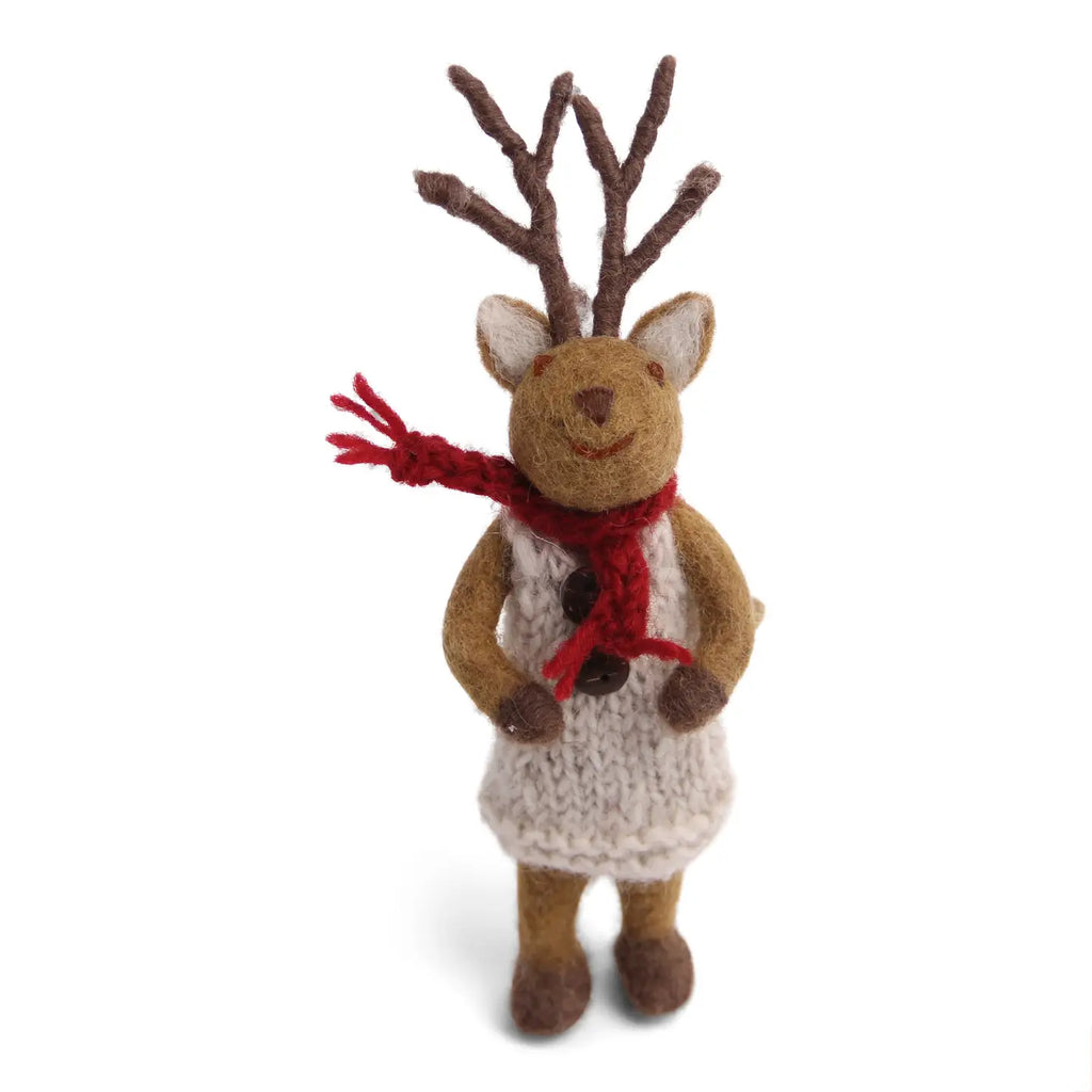 Small Brown Girly Deer, Grey Dress + Scarf