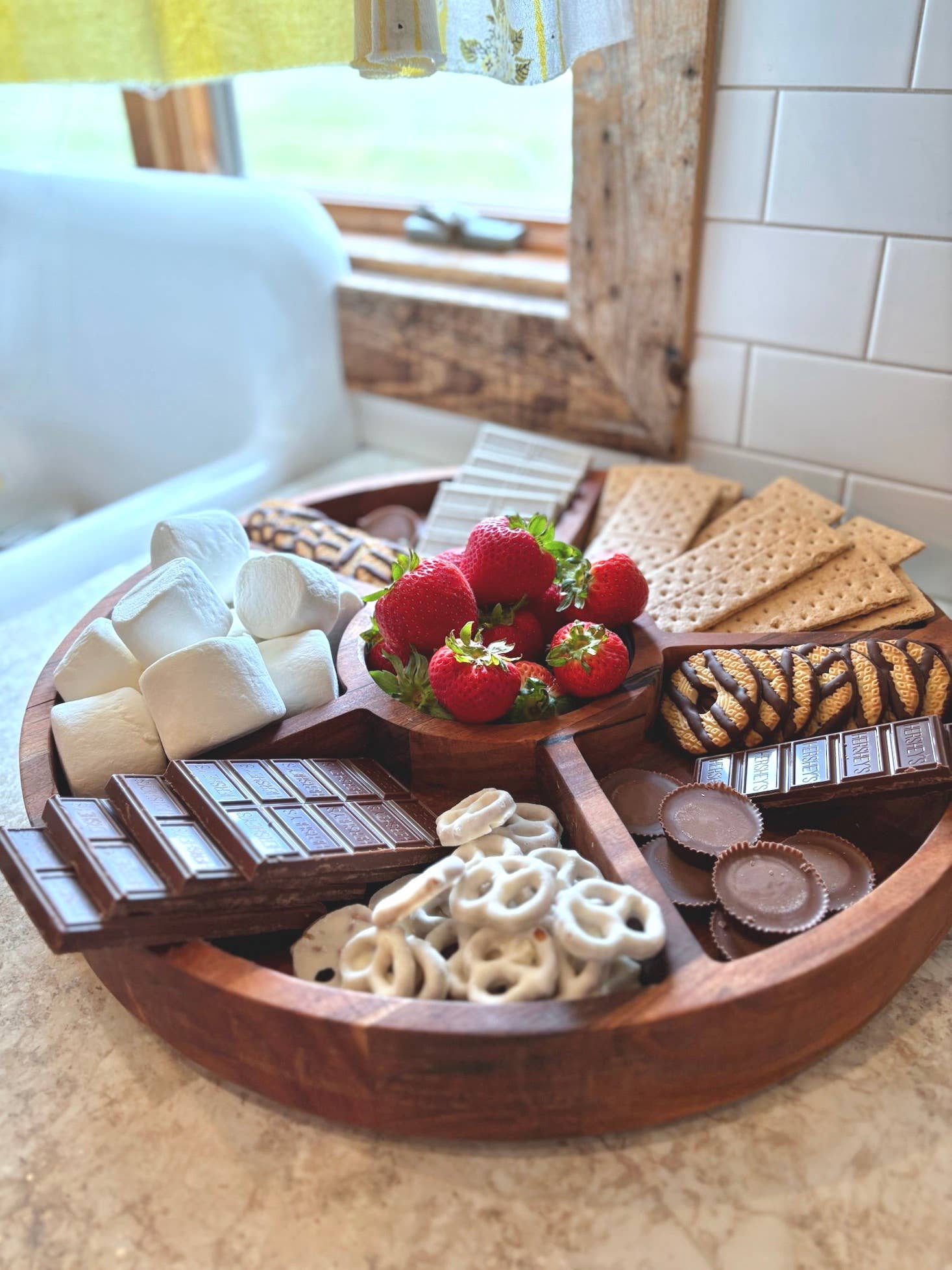 Large Divided Round Wood Tray