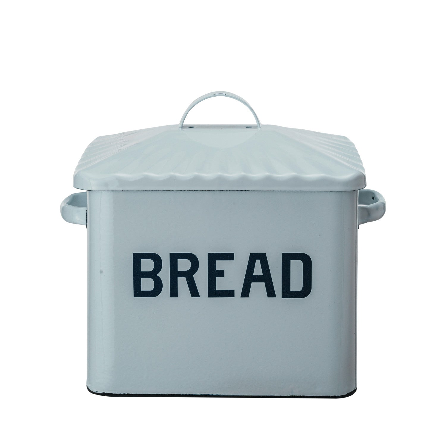 Enameled Metal Box w/ Lid & Handles "Bread", White & Blue