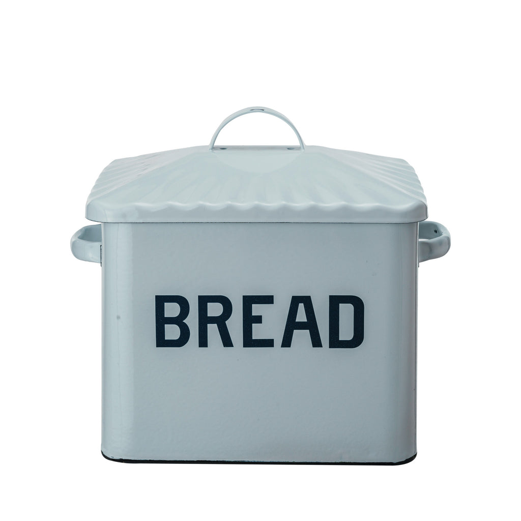 Enameled Metal Box w/ Lid & Handles "Bread", White & Blue