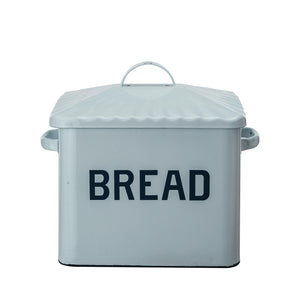 Enameled Metal Box w/ Lid & Handles "Bread", White & Blue