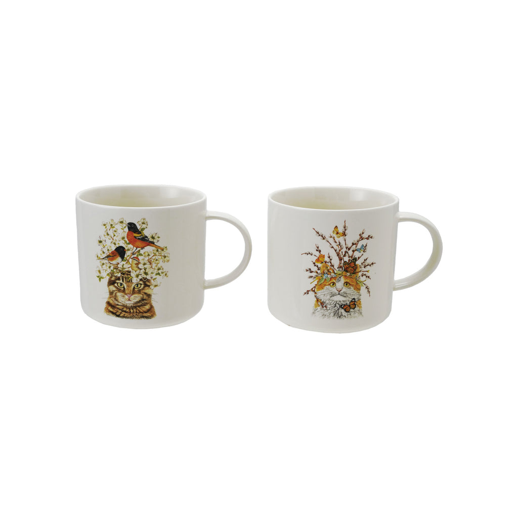 14 oz. Stoneware Mug with Cat & Flora/Fauna, 2 Styles ©