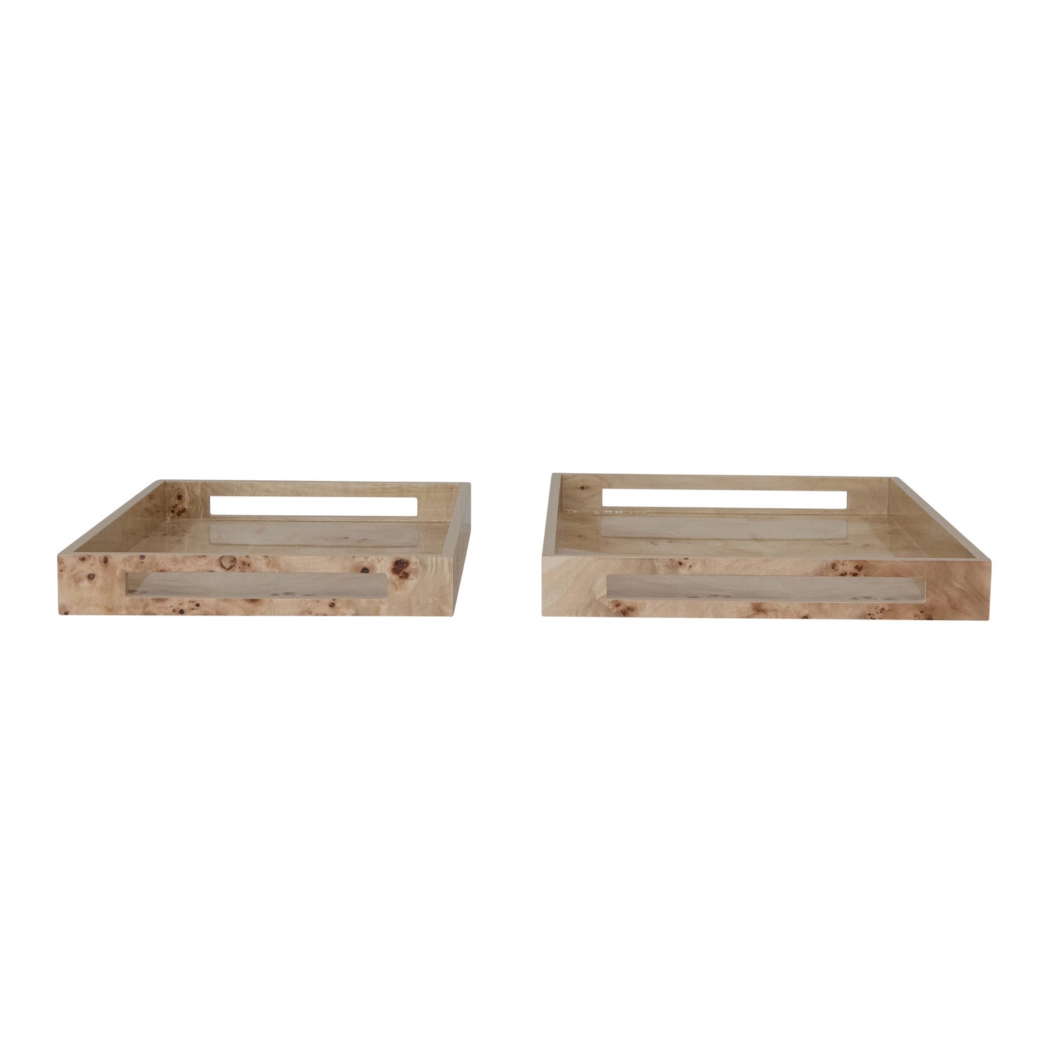 MDF & Burl Wood Veneer Trays w/ Handles, Natural, Set of 2