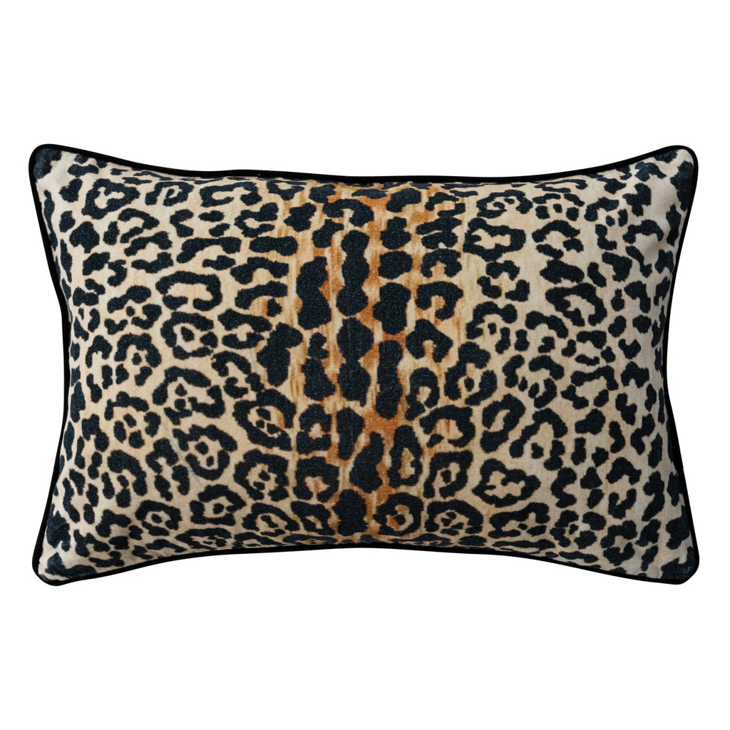 Cotton Velvet Printed Lumbar Pillow w/ Leopard Print & Piping