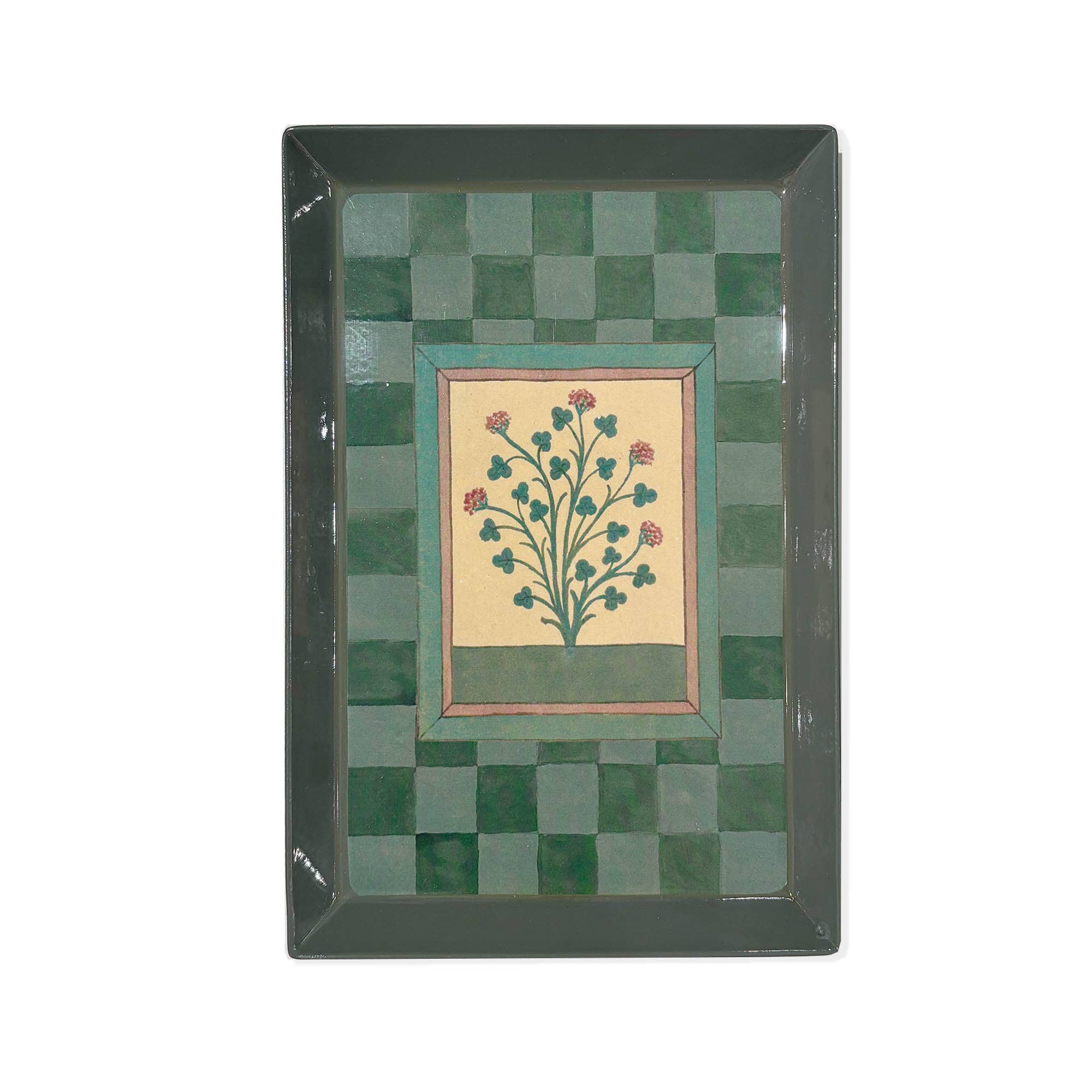 Rectangle Enamel Printed Tray, Book of Herbs Green Check