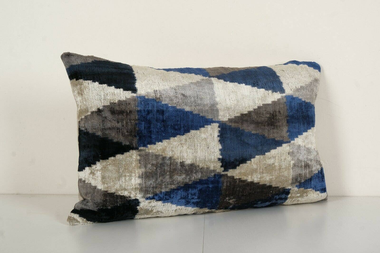 Geometric Ikat Velvet Lumbar Pillow, Hand Woven Diagonal