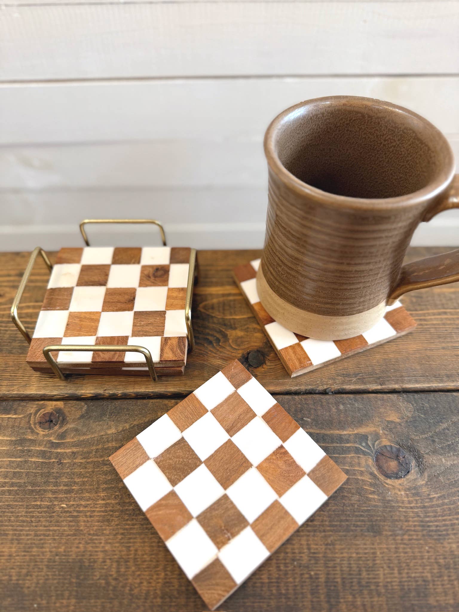 Checkered Wood Coasters with Stand