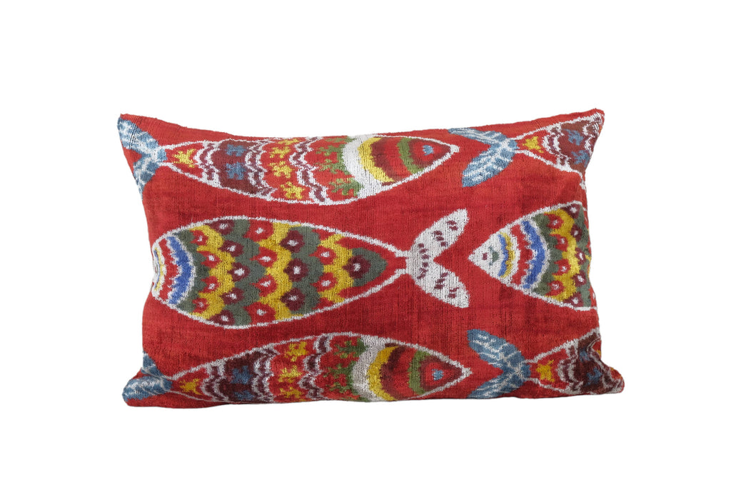 Fish Ikat Velvet Pillow, Red Silk Lumbar Cushion Cover, Boho