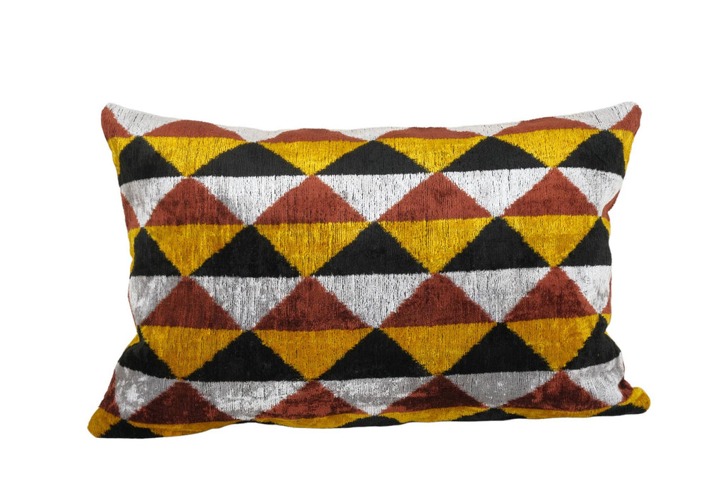 Colorful Ikat Velvet Pillow - Lumbar Silk Cushion Cover