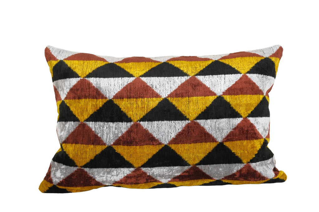 Colorful Ikat Velvet Pillow - Lumbar Silk Cushion Cover