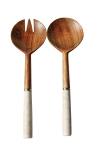 Salad Servers in Acacia Wood & Marble, Set of Two
