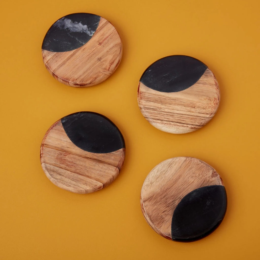 Black Marble + Acacia Coaster