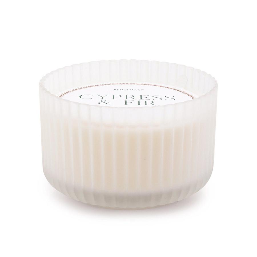 Cypress + Fir White Ribbed Glass Candle, Large