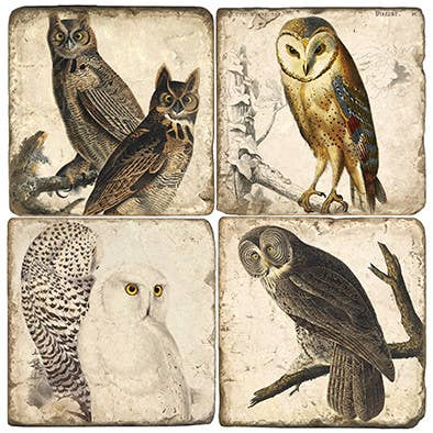 Vintage Owls Tumbled Marble Coaster