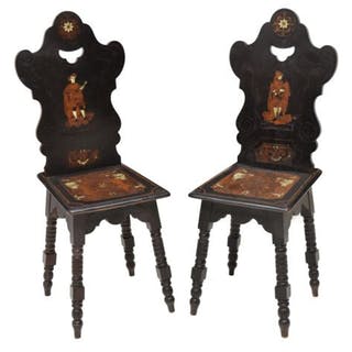 19th C. Austrian Renaissance Revival Bone-Inlay Chairs, Set of Two